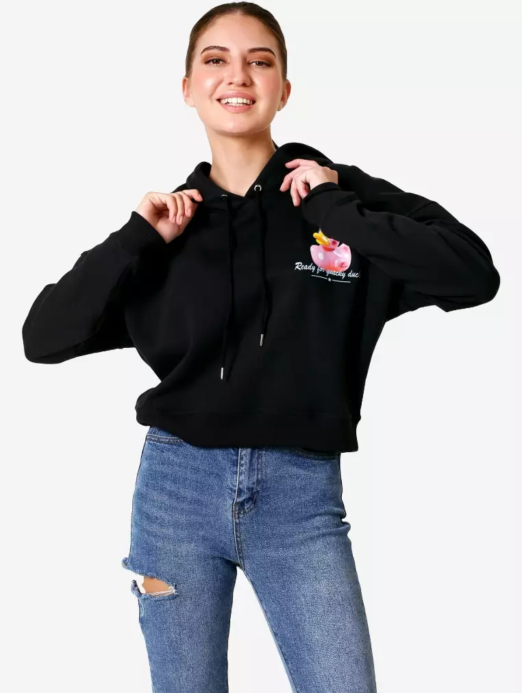 TONIQUE Crop Hoodie Katun Wanita Hitam Pekat DAISY Women's Cotton Regular Fit Crop Hoodie Black