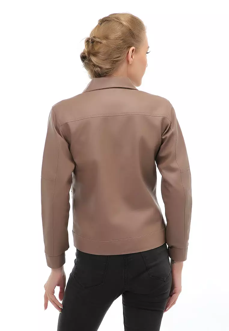 Glenice Jacket Outer Fashion Wanita Zipper Pocket Elegant Design Material Leather ORIGINAL - Mocca