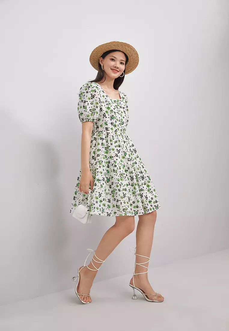 Square Neck Textured Floral Mini Dress