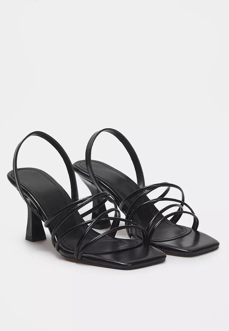 Black Ankle Strap Thin Heeled Square Toe Women's Heeled Sandals Takss25To00003