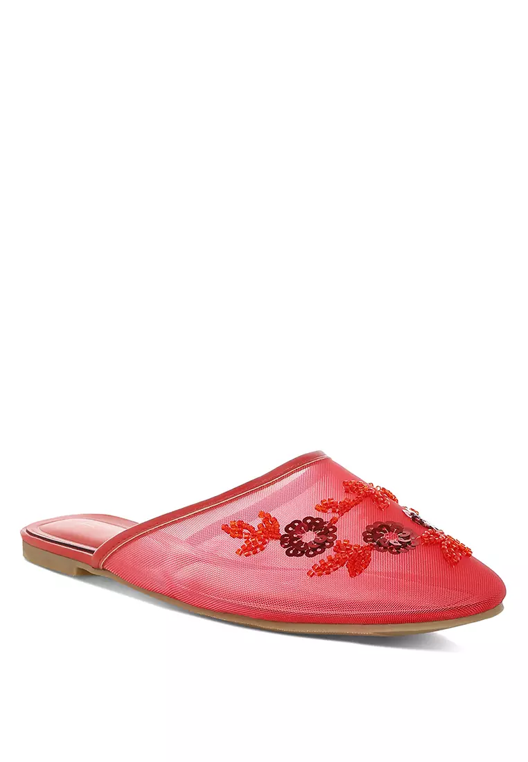 Mesh Sequin Beaded Mules In Red