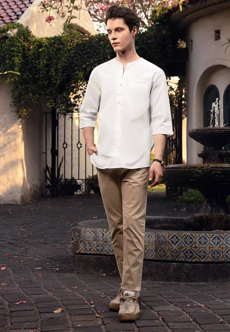 OXCON kemeja Vneck Henley Collarless shirt White