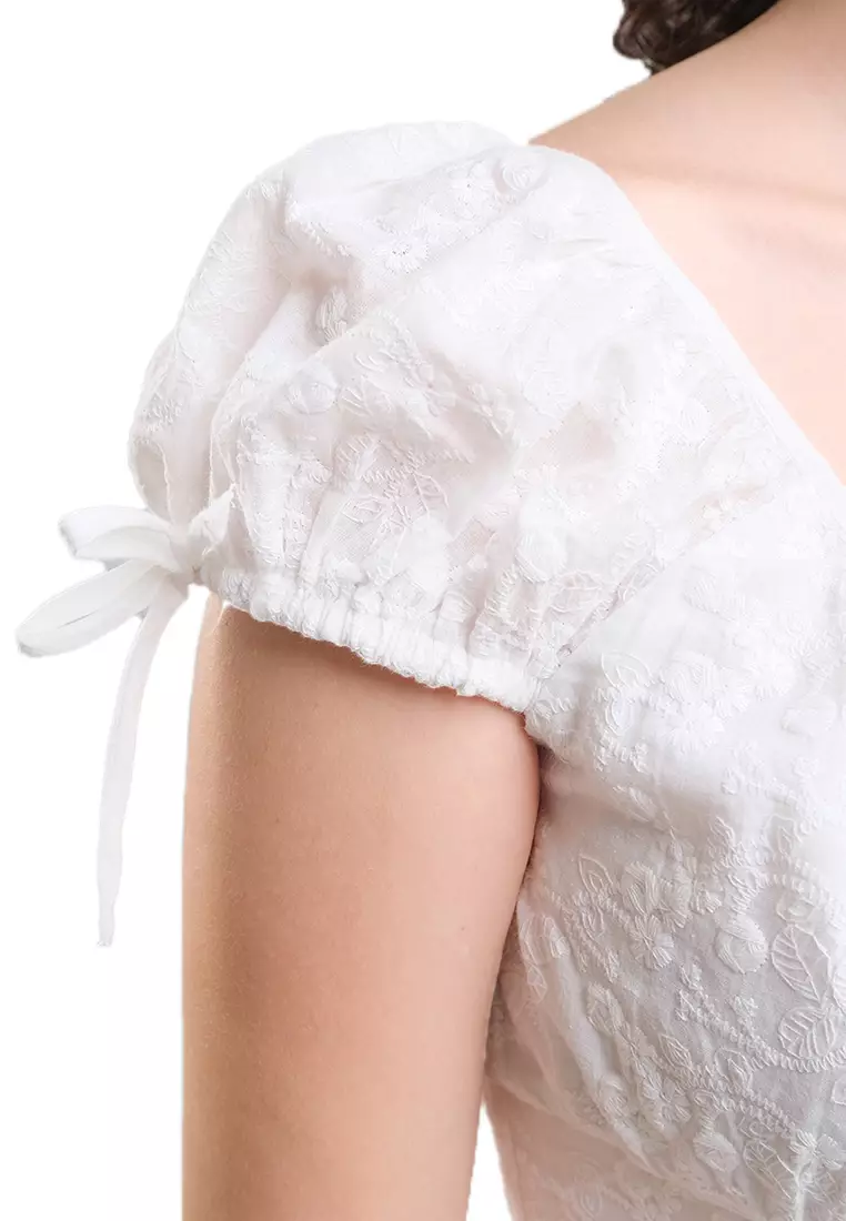 Embroidered Cotton Short Dress With Puff Sleeves