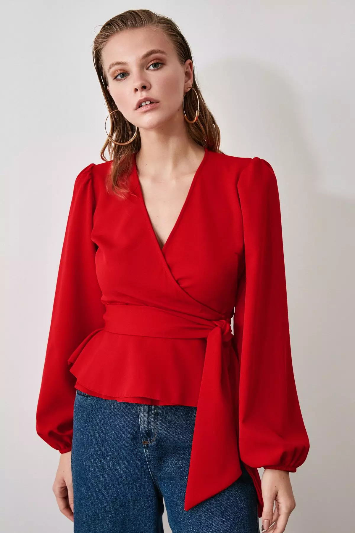 Puffed Sleeve Belted Wrap Blouse