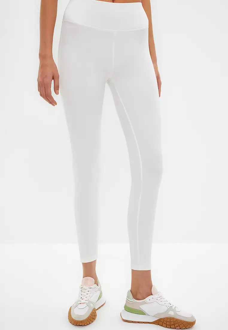 Creamy White Wide Waist Elastic Extra Compression Full Length Knitted Sports Leggings