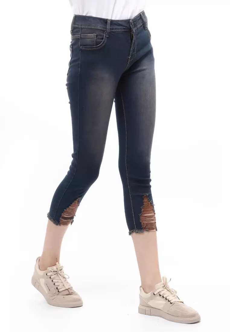 Celana Jeans 7/9 Motif Washed Bawahan Wanita Premium Quality - Brown Maddie