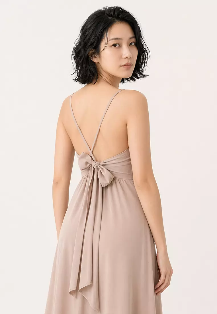 Women's Beige Rope Strap Back Tie Detail Maxi Size Summer Dress