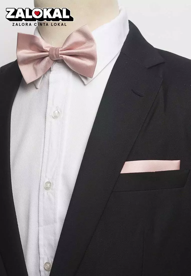 Houseofcuff Dasi Kupu Bowtie Pocket Square Saputangan Pink Muda A04