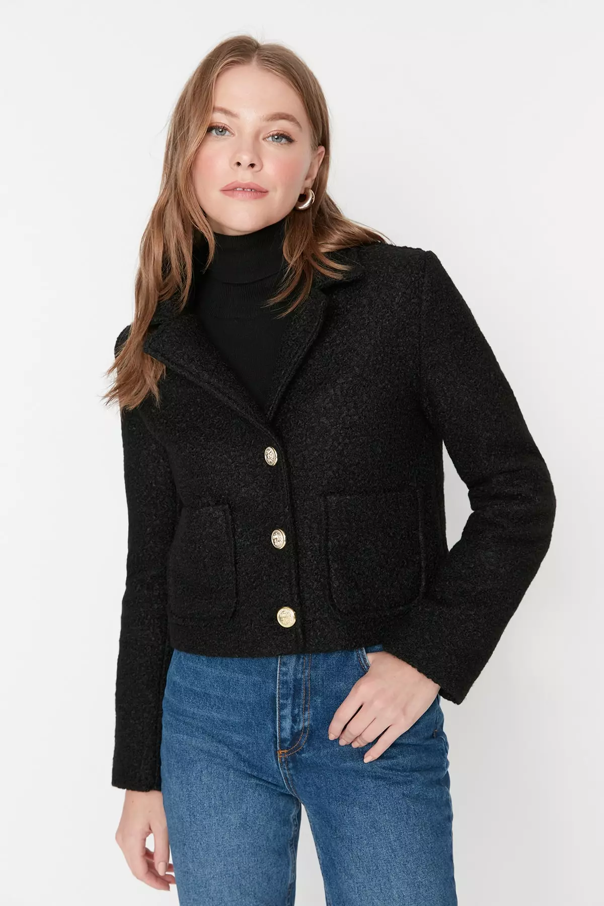 Trendyol Black Gold Button Detailed Boucle Coat 2023 Buy
