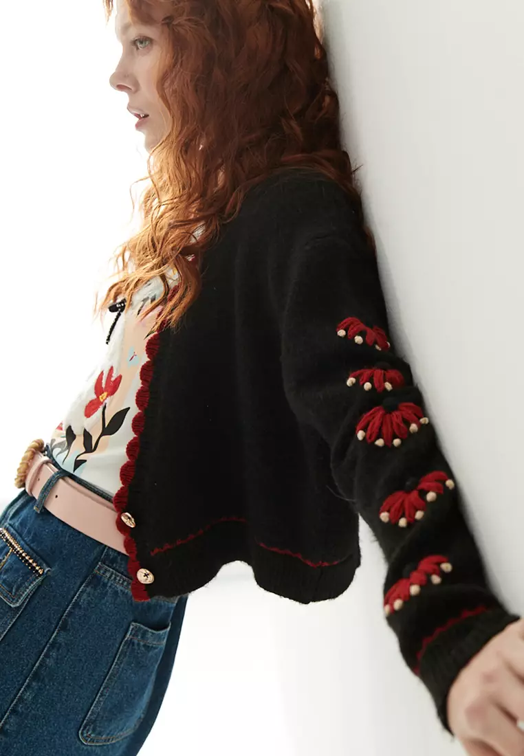 Red Contrast Detail Autumn Cardigan