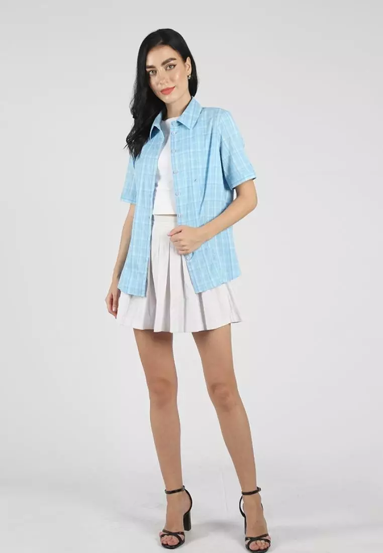 Kemeja Lengan Pendek Pierre Cardin Wanita Ellie Plaid Blue