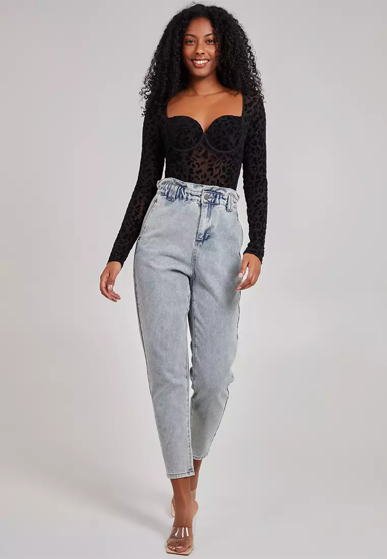 Pink Vanilla Black Long Sleeve Leopard Bustier Bodysuit