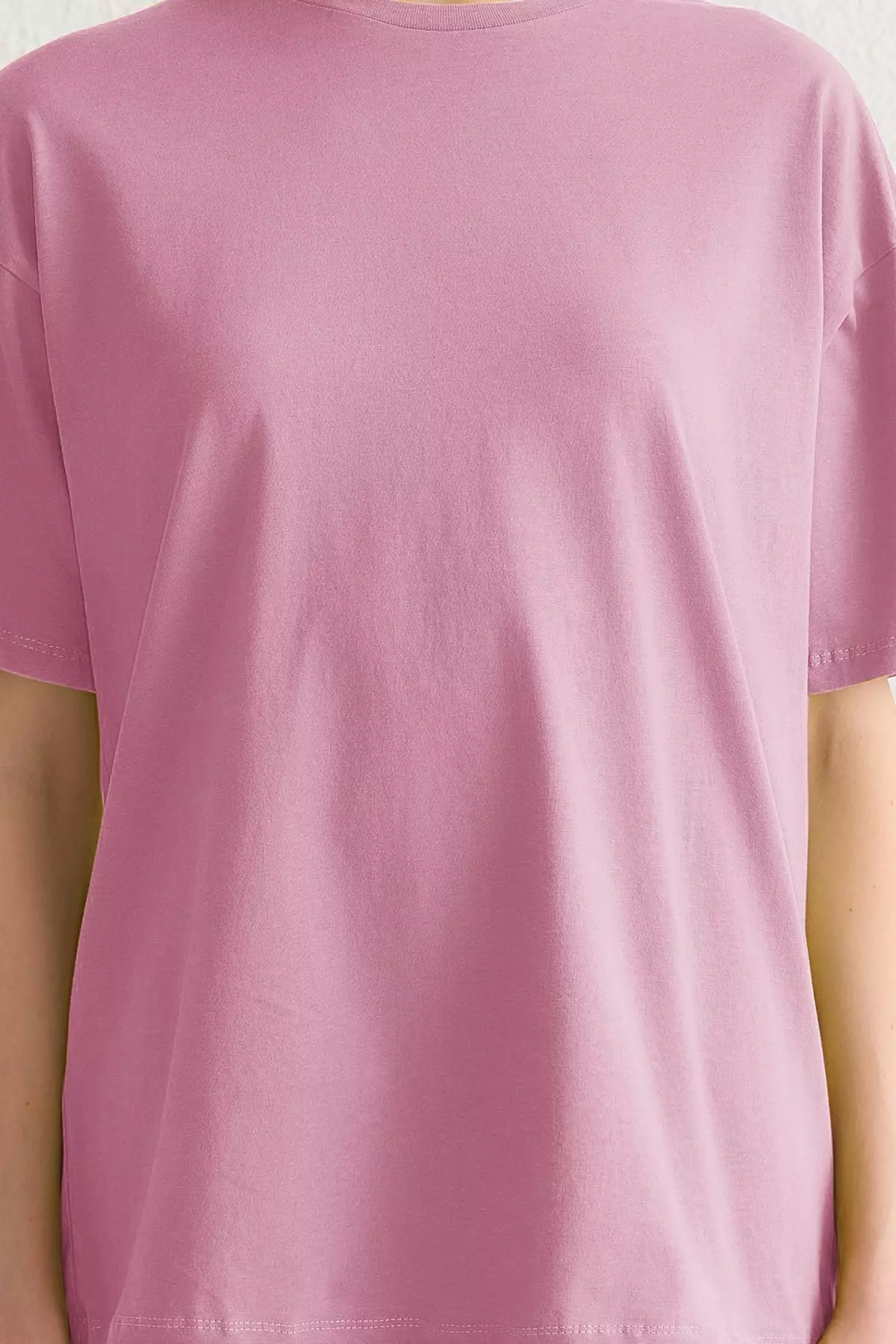 Light Pink 100% Cotton Crew Neck Oversize/Wide Pattern Knitted T-Shirt Twoss20Ts0134