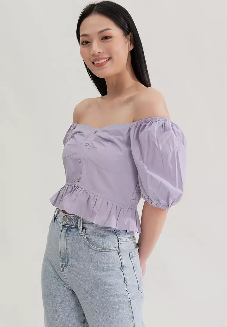 泡泡袖露腰短上衣