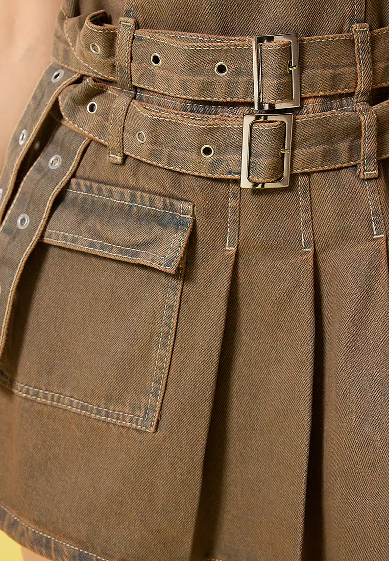 束腰口袋細節褶飾牛仔迷你連身裙