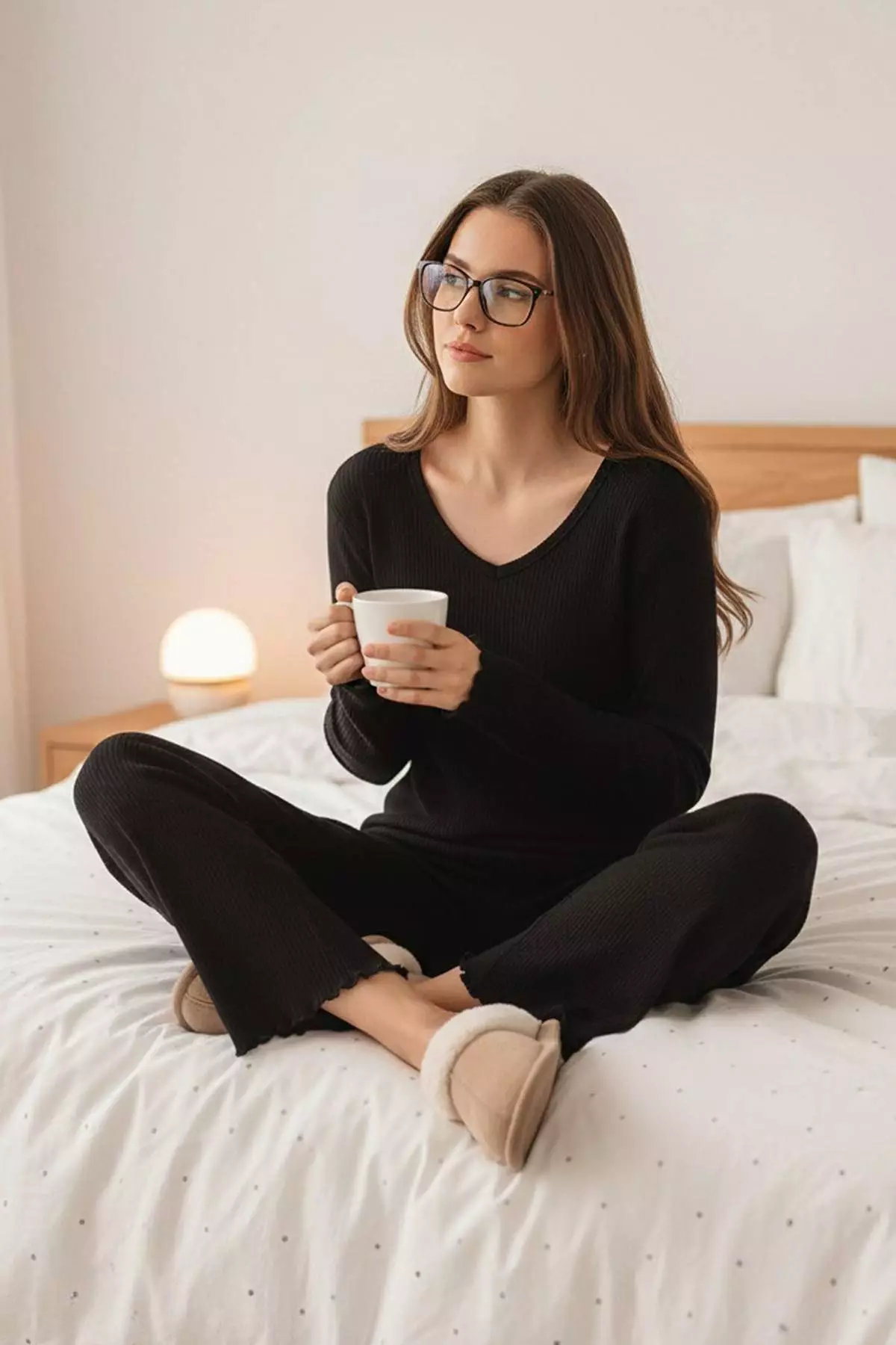 Black V-Neck Baby Overlock Soft Touch Brushed Winter Ribbed Knitted Pajama Set