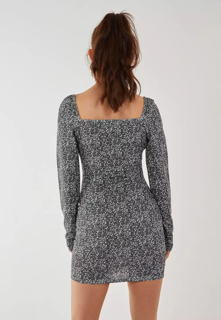 Pink Vanilla Black Long Sleeve Ditsy Floral Dress