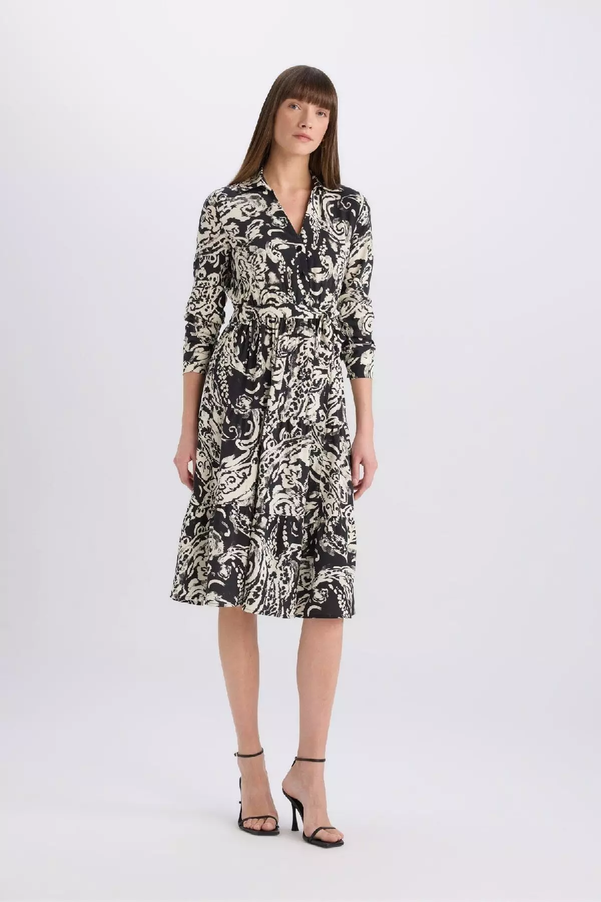 Shirt Collar Print Long Sleeve Midi Dress