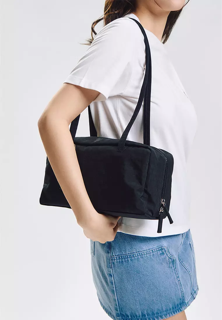 Nylon Bowler Shoulder Bag with Leather Charm Branding