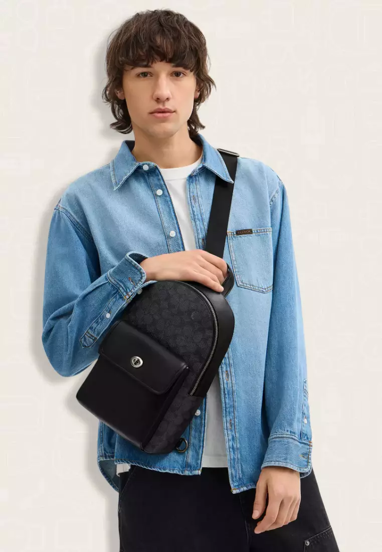 Coach Turnlock Sling Pack In Signature Canvas Charcoal Black