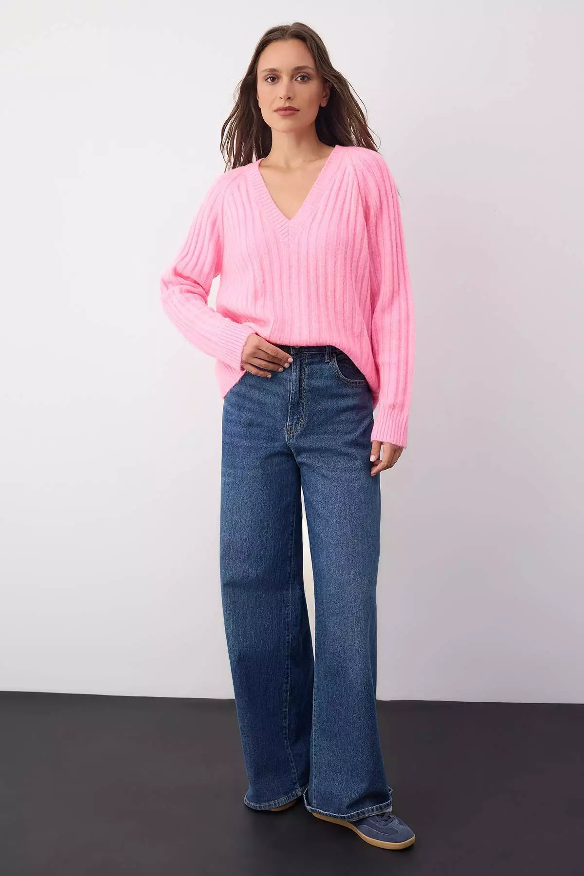 Wardrobe Essentials Pink Soft Textured Ribbed Knit Sweater