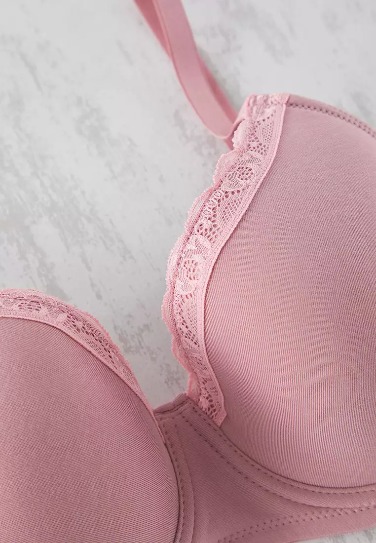 Pink Combed Cotton Lace Detail Fixed Cup Plus Size Bra With Underwire Tbbss25Cw00014