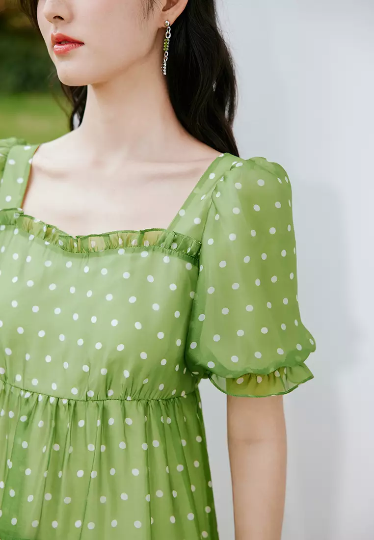 Puff Sleeve Square Neck Polka Dot Dress