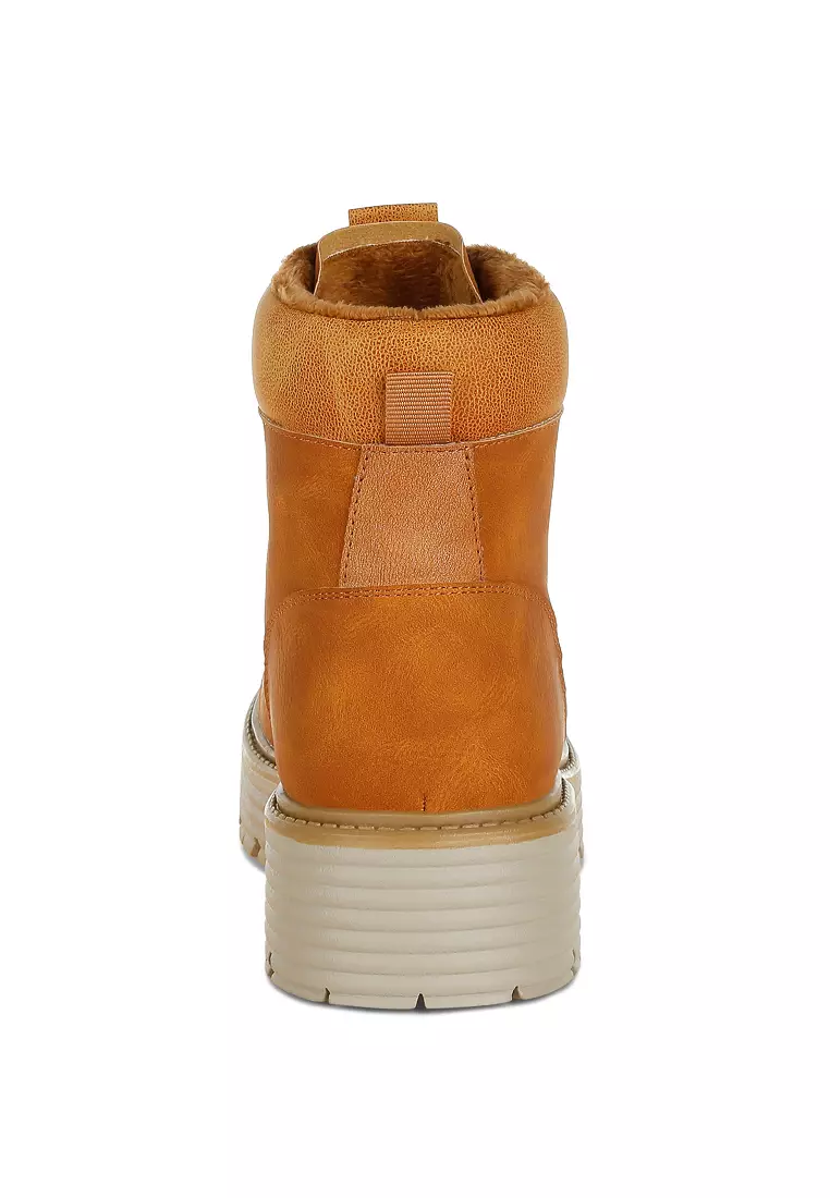 Lace-Up Chunky Warm Ankle Boots in Tan