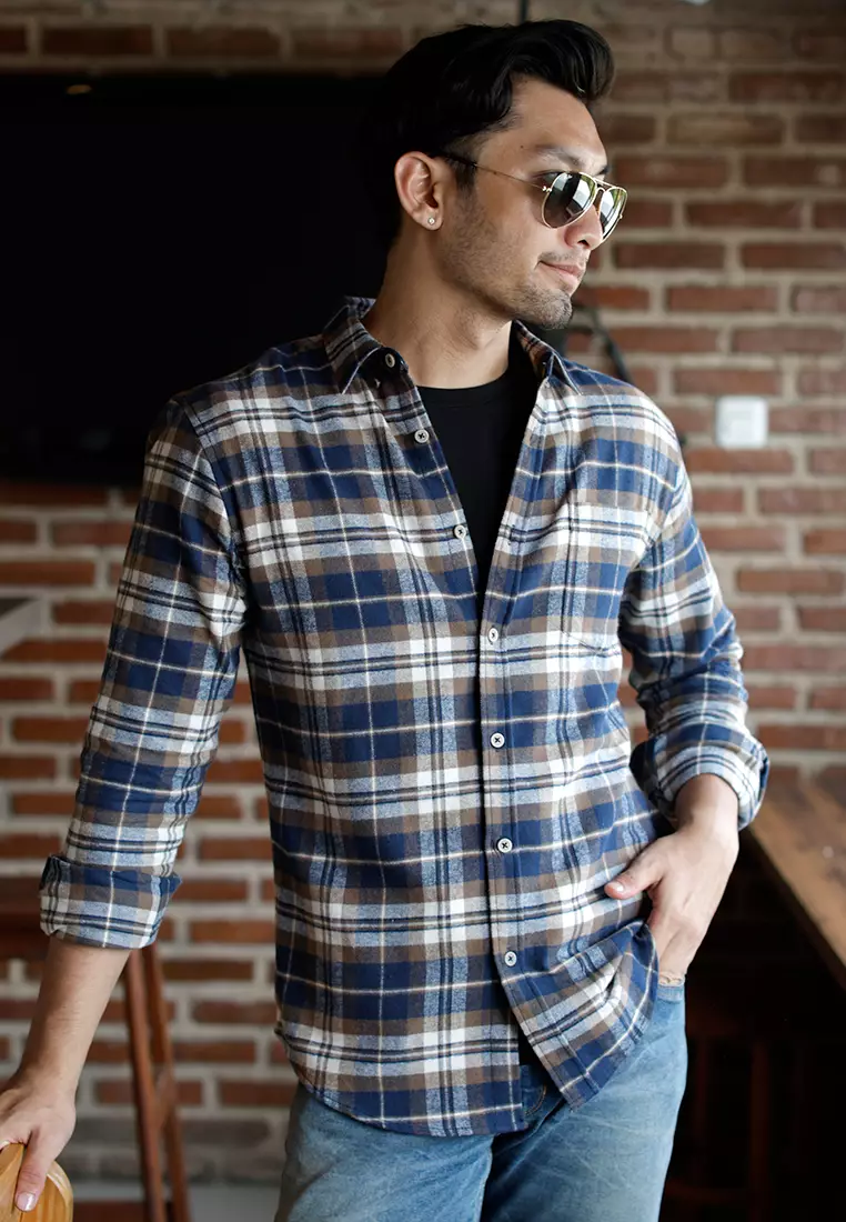 OXCON Extra Comfort Authentic Flannel Shirt Navy Brown White