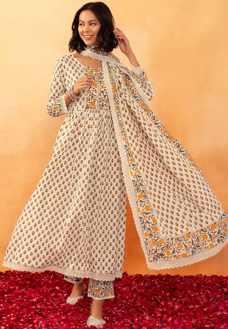Buy Indya Off White And Yellow Boota Print Cotton Kurta With Printed Pants  And Dupatta (Set of 3) Online