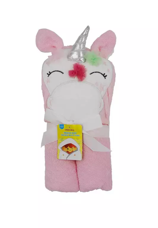 3D Animal Hooded Cotton Bath Towel (360GSM) - Pink Unicorn