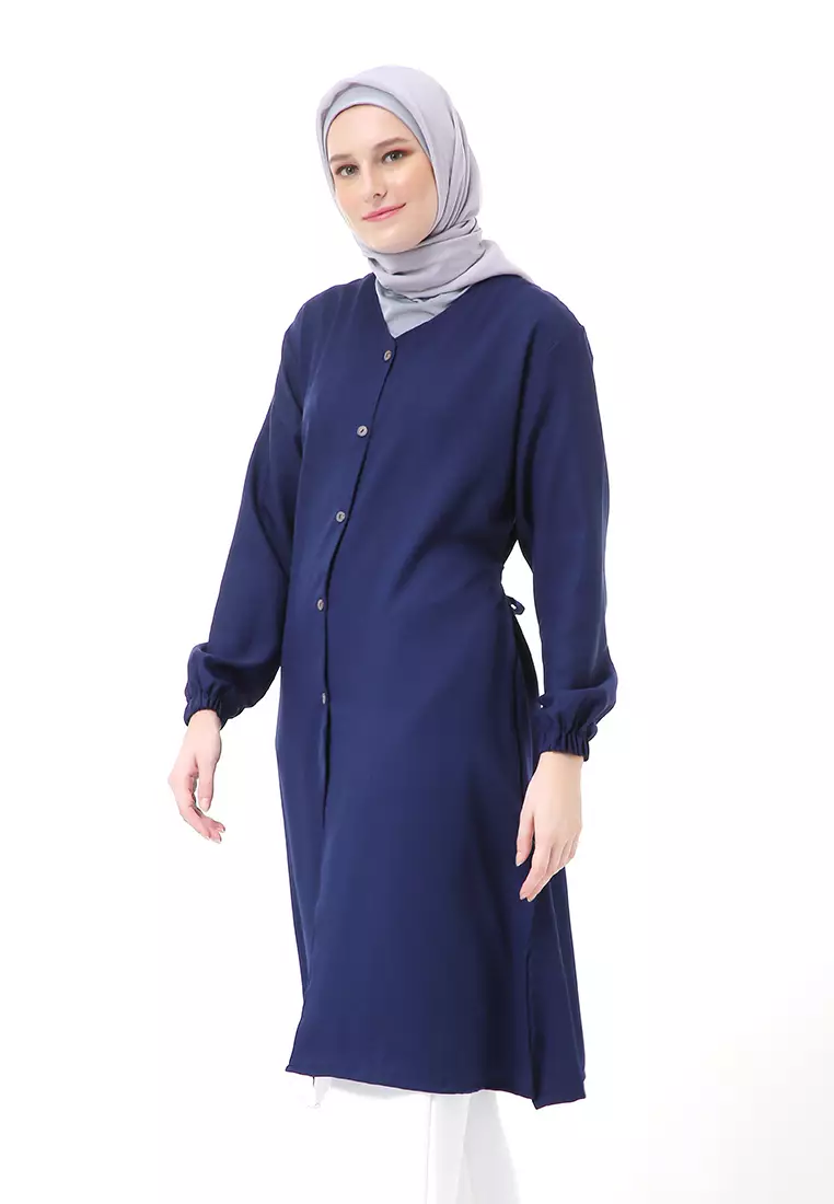 Indira Long Tunik Muslimah Atasan Wanita Long Sleeve Casual Premium Quality - Navy