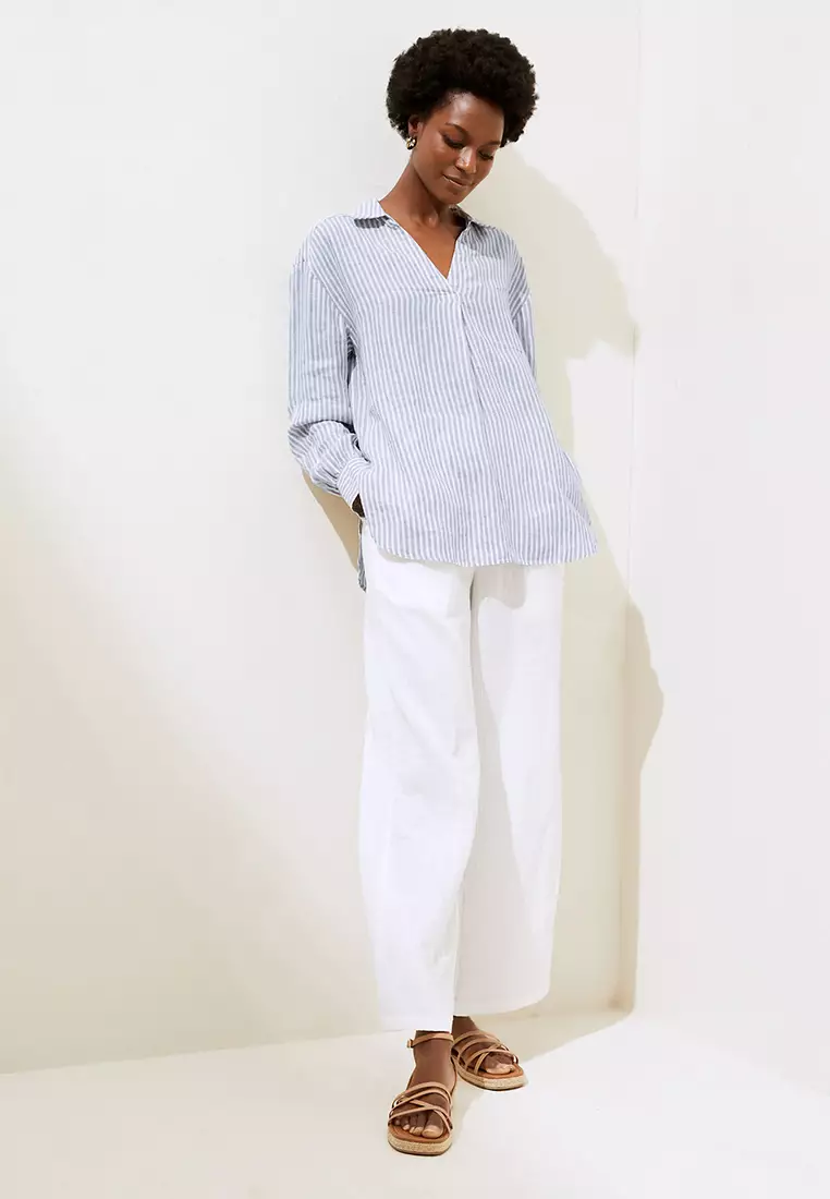 Pure Linen Striped Long Sleeve Blouse