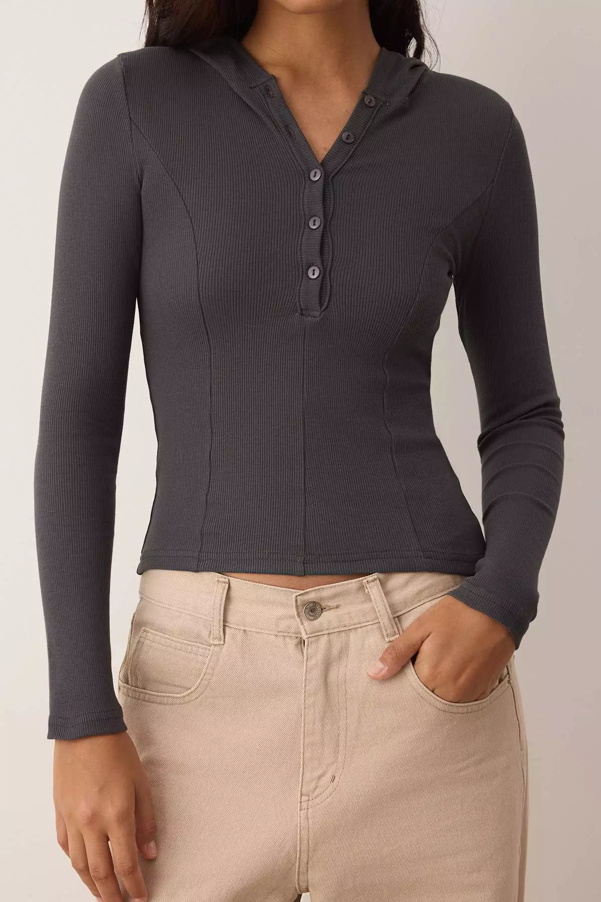 Anthracite Hooded Ribbed Buttoned Fitted/Body-Smoothing Knitted Blouse Twoaw26Bz00033