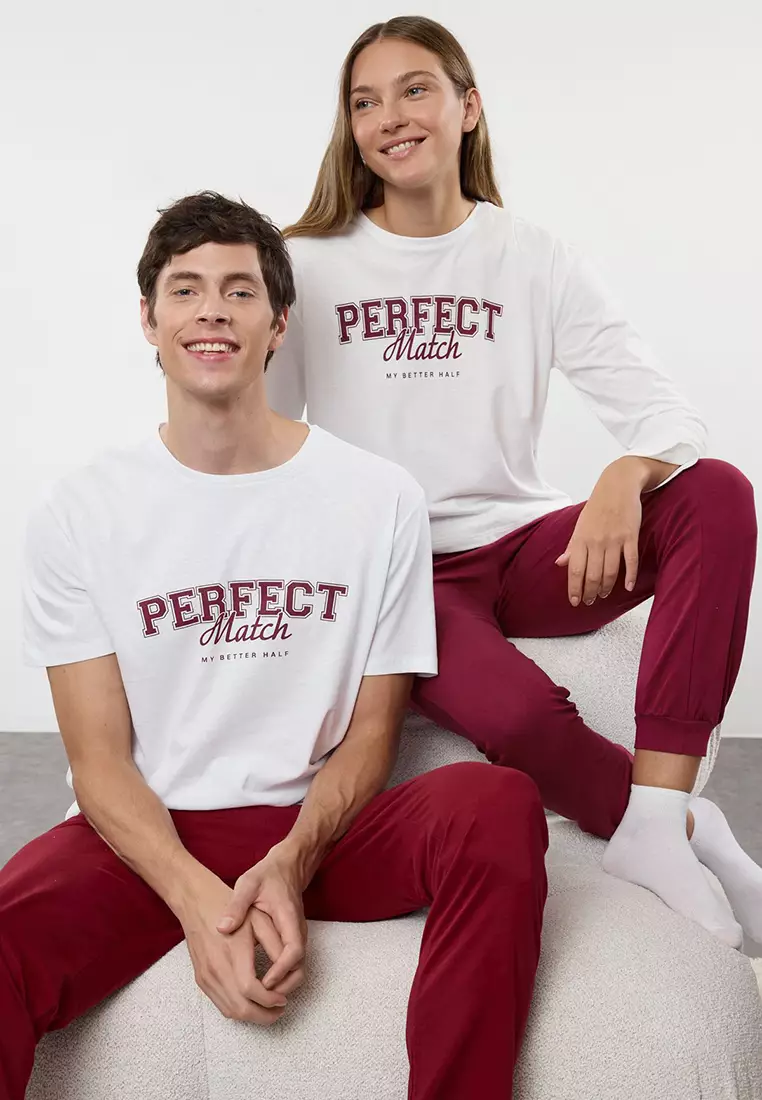Ecru - Claret Red Regular Fit Knitted Couple 100% Cotton Pajama Set TMNAW25PT00047