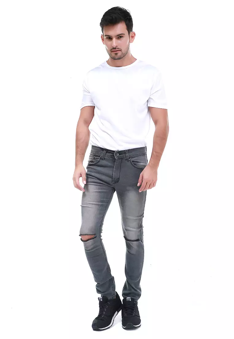 Locko Celana Panjang Pria Ripped Long Pants Casual Material Jeans ORIGINAL - Dark Grey
