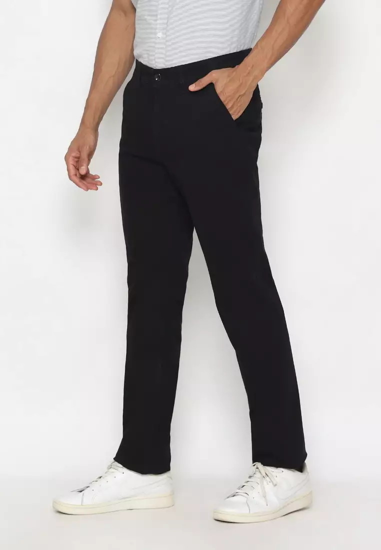 POLICE Celana Chino Panjang Cotton Premium Black Regular Fit Pria