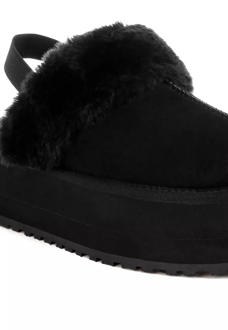 Faux Fur Trim Platform Classic Slingback in Black