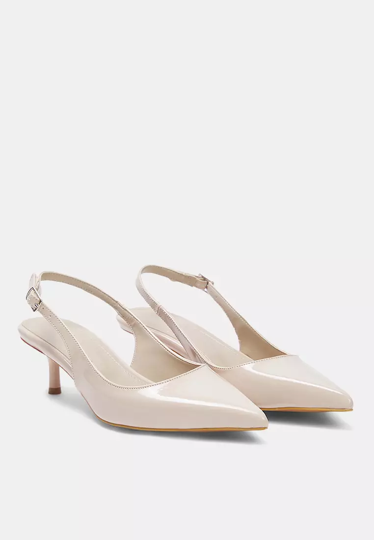 Beige Patent Leather Pointed Toe Kitten Heels Women Classic Heels Shoes Takss25To00005