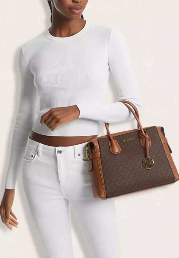 Michael Kors Mercer Medium Logo and Leather Belted Satchel Brown