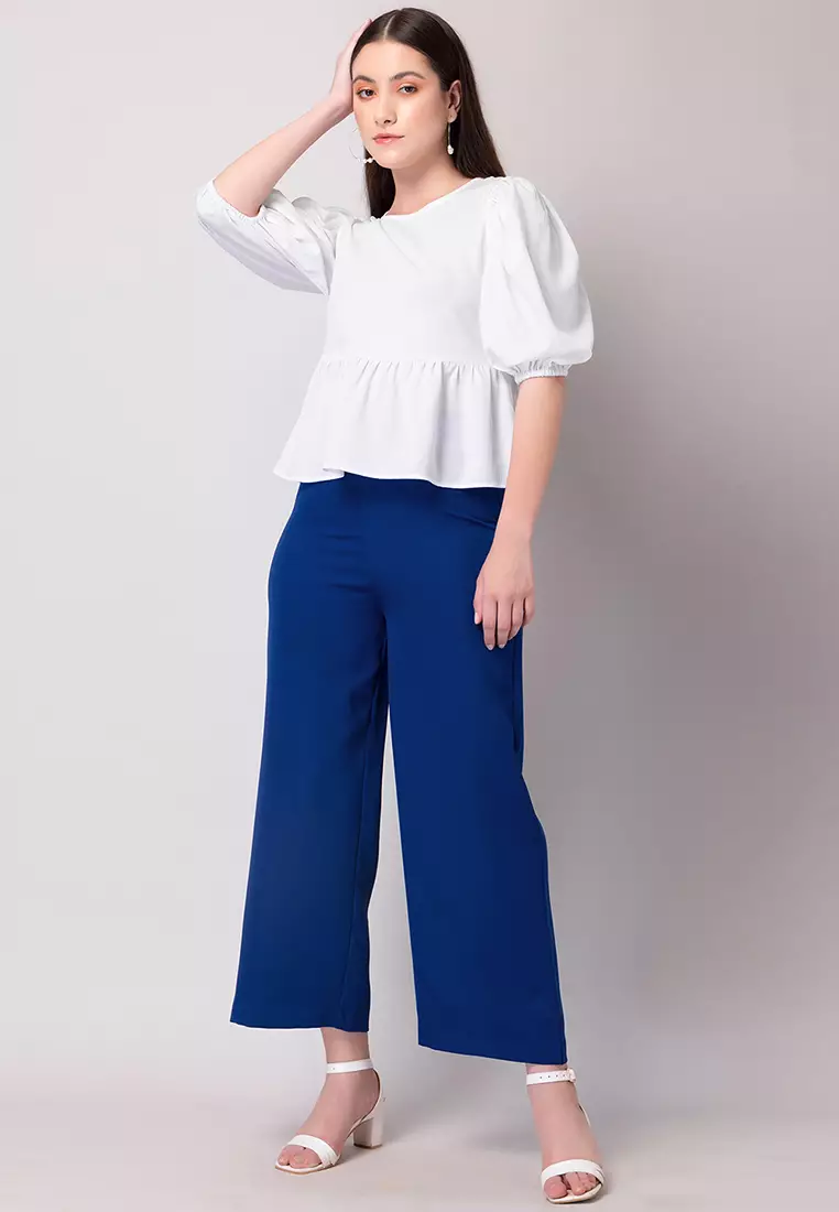 White Textured Puff Sleeve Peplum Top