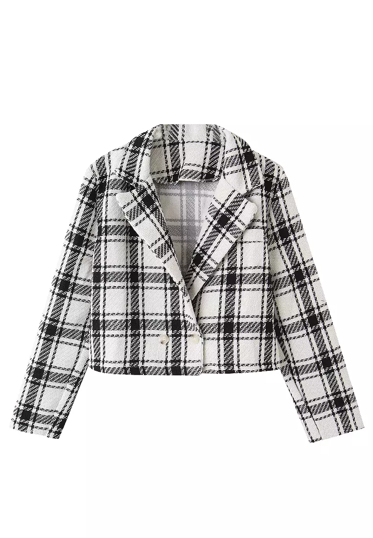 Lapel Plaid Short Version Long Sleeve Knit Suit Jacket [EA3592]