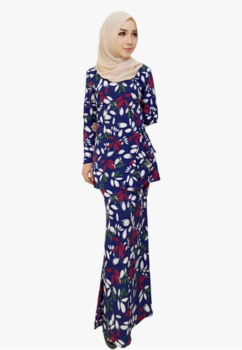 Buy Floral Printed Kurung Moden from Zoe Arissa in blue and multi and Navy at Zalora