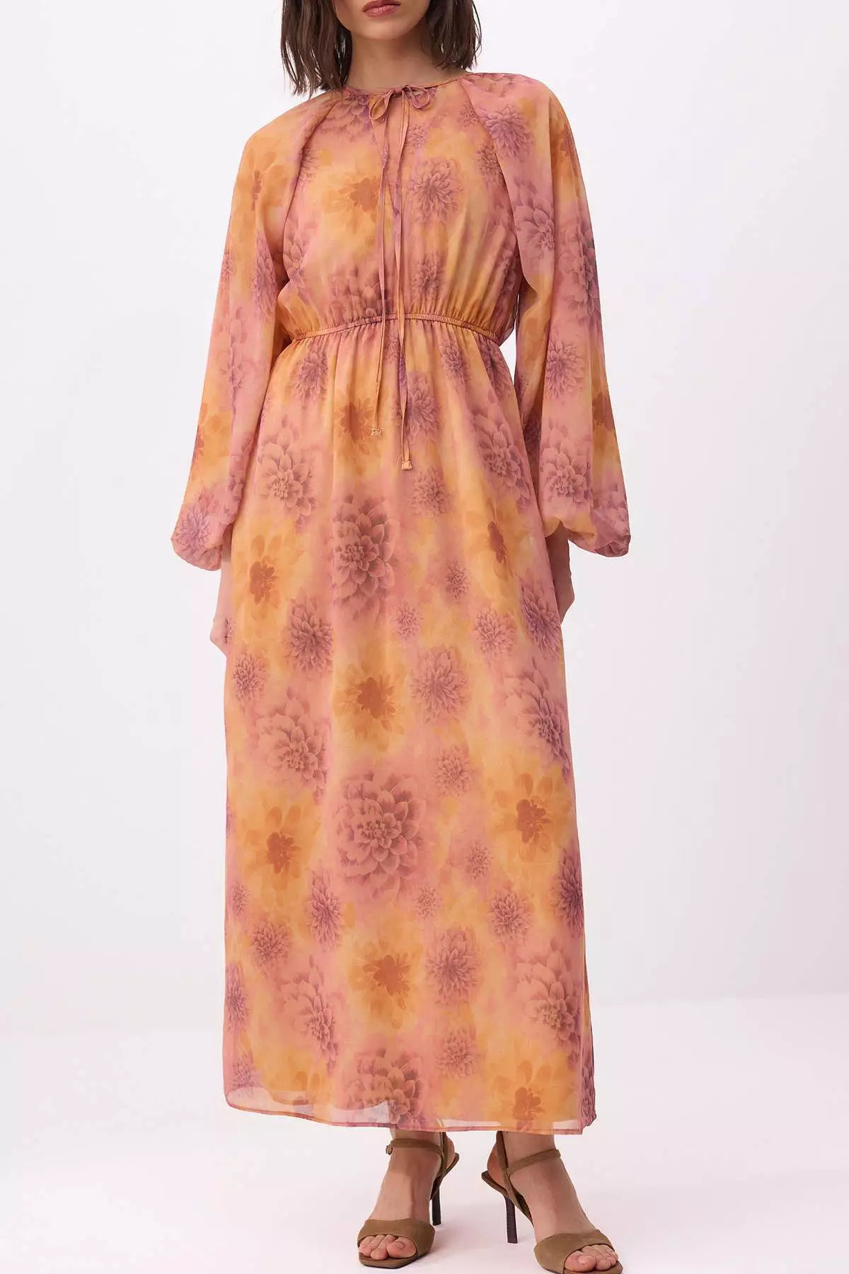 Orange Silk Chiffon Watercolor Floral Elastic Waist Lined Woven Hijab Dress Tctss26Eb00124