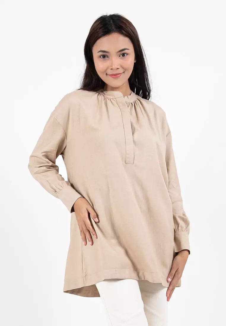Forest Ladies Linen Oversized Band Collar Plain Blouse Women Long Sleeve Tunic | Baju Perempuan - 822391-13Khaki