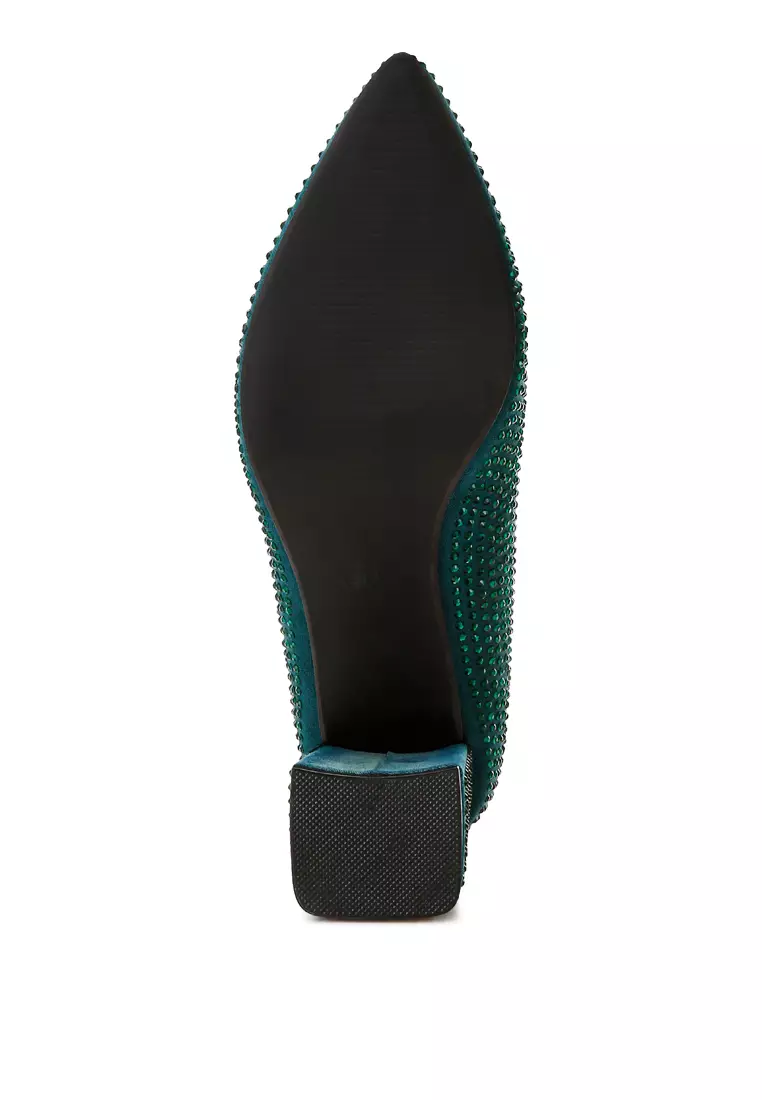Rhinestones Embellished Pumps in Bottle Green