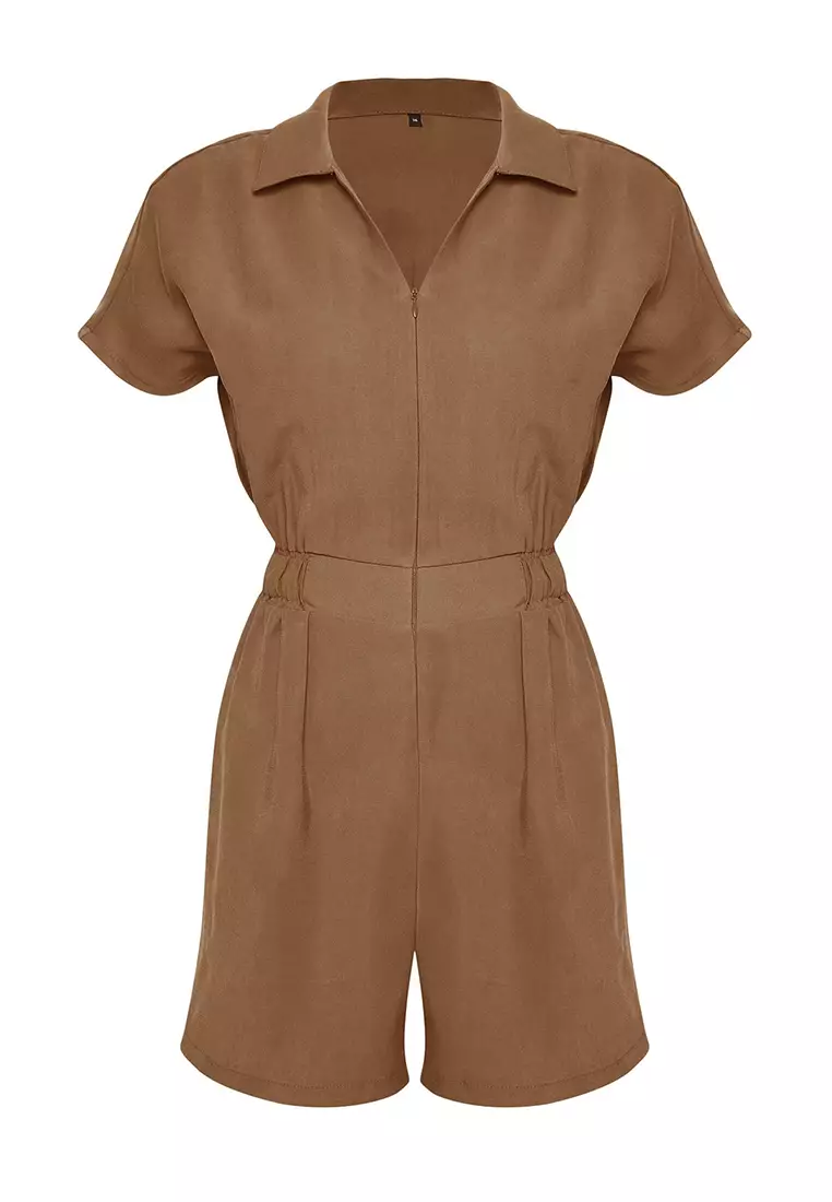 Limited Edition Camel Elastic Waist Zipper Detailed Mini Jumpsuit