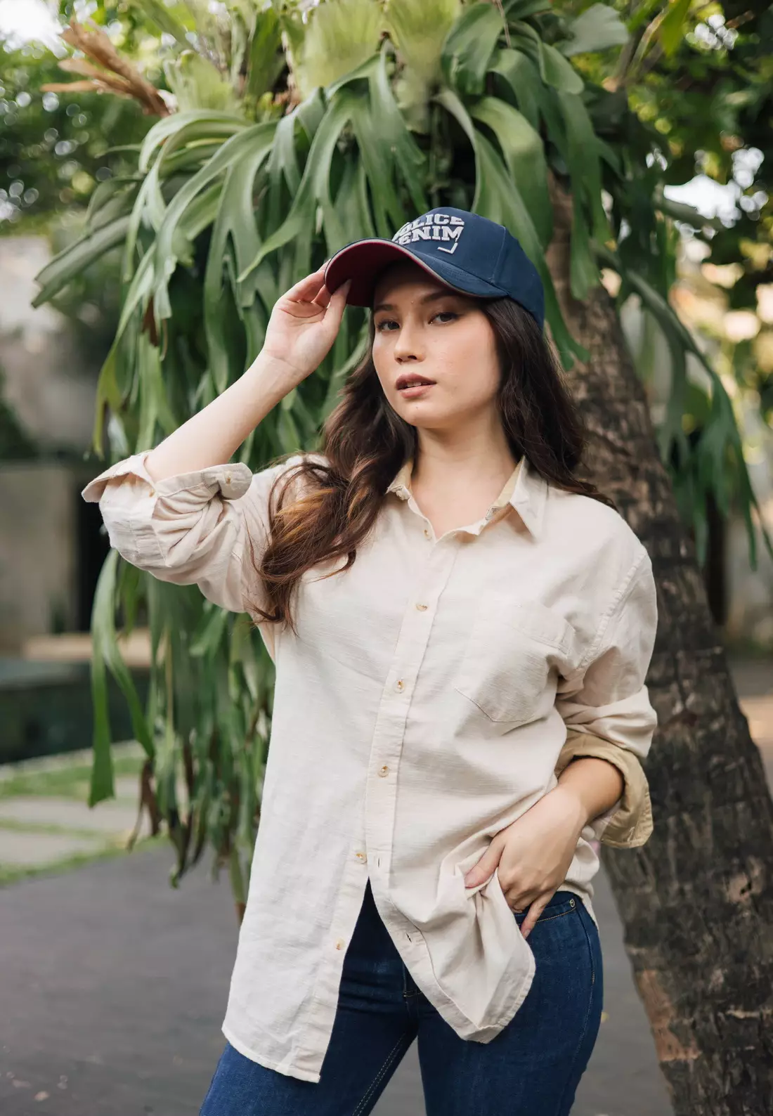 POLICE Kemeja Polos Cotton Slub Cream Regular Fit Lengan Panjang Pria