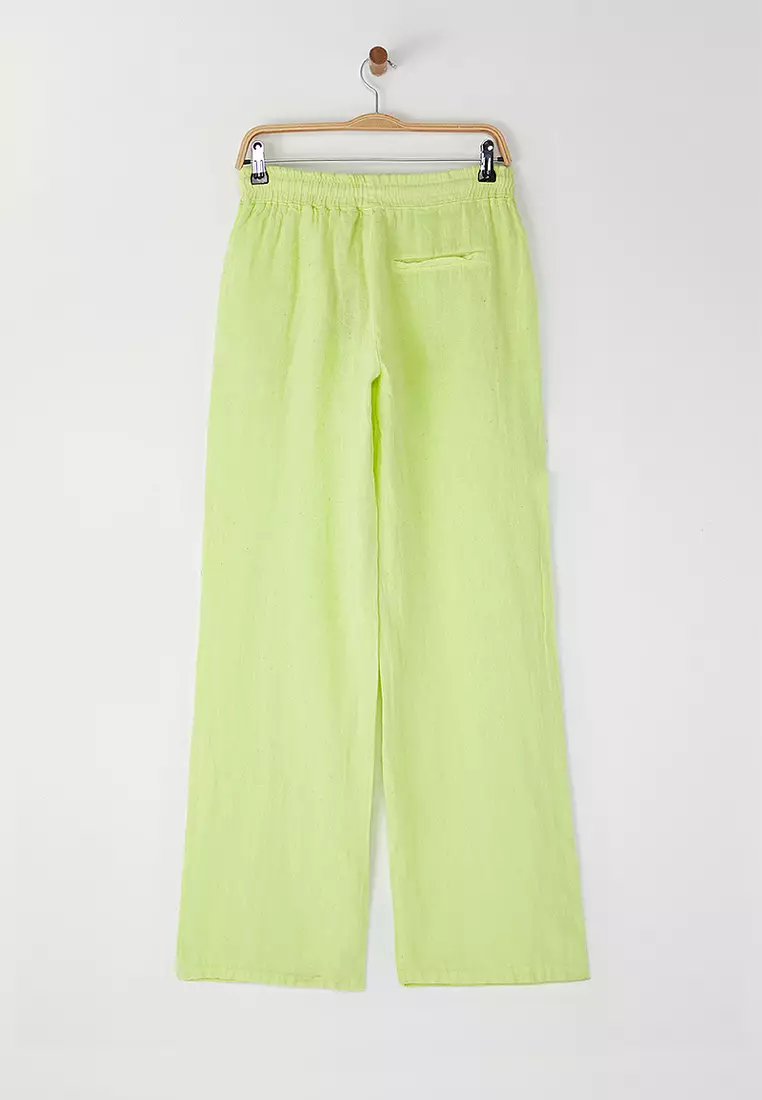 Light Green Elastic Waist High Waist Wide Leg Trousers