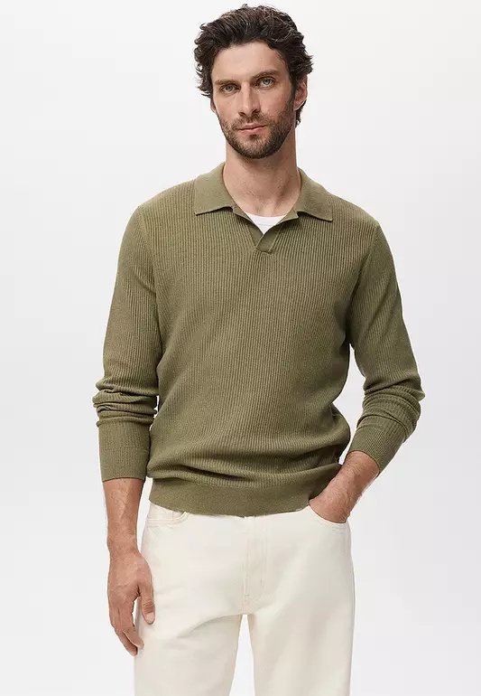 Cotton-Blend Ribbed Polo Sweater